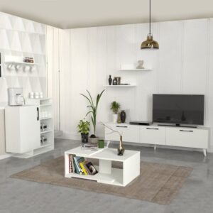 Mareta طقم طاولة تلفزيون وطاولة قهوة وركن قهوة لون ابيض