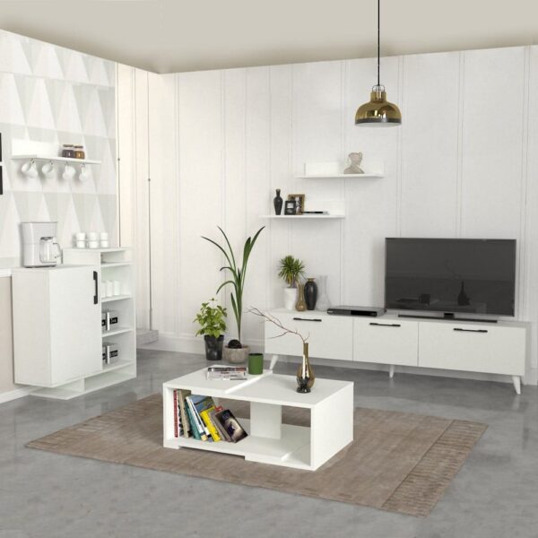 Mareta طقم طاولة تلفزيون وطاولة قهوة وركن قهوة لون ابيض