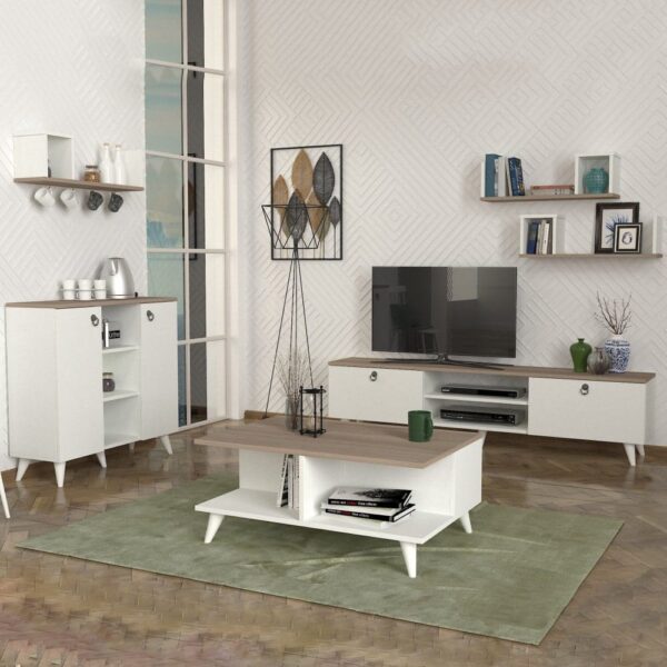 SEDDRA طقم طاولة تلفزيون وطاولة قهوة وركن قهوة ابيض ورمادي