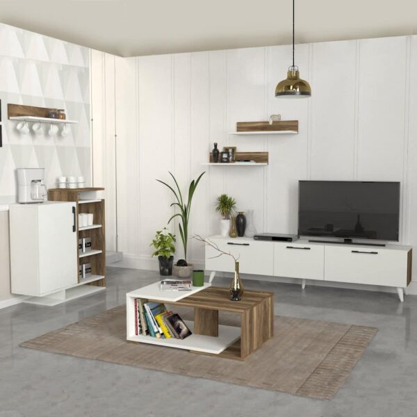 Mareta Wh & Br طقم طاولة تلفزيون وطاولة قهوة وركن للقهوة