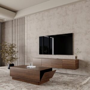 طقم طاولات مودرن بني جوزي مع طاولة تلفزيون معلقة 199 سم