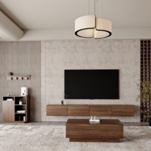 طقم طاولات مودرن بني جوزي كامل لغرفة المعيشة يشمل طاولة تلفزيون 280 سم وطاولة وسط