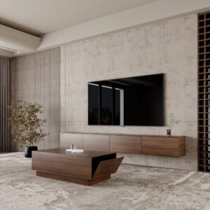 طقم طاولة تلفزيون وطاولة وسط لون بني جوزي بتصميم مودرن