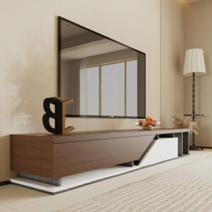 طاولة تلفزيون بمساحة تخزين واسعة – بني وأبيض ورمادي