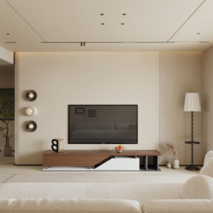 طاولة تلفزيون بمساحة تخزين واسعة – بني وأبيض ورمادي