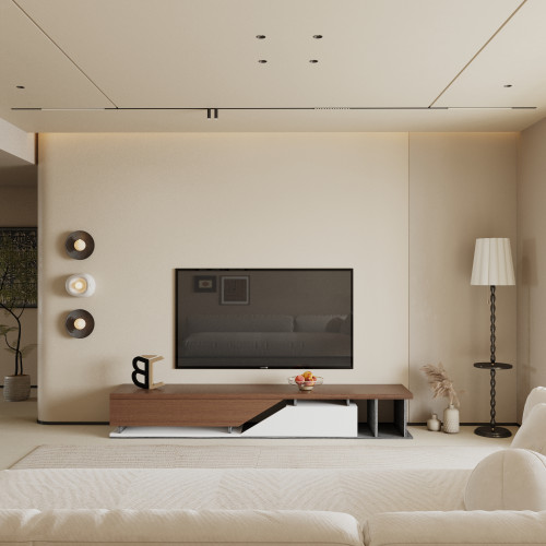 طاولة تلفزيون بمساحة تخزين واسعة – بني وأبيض ورمادي