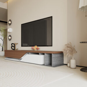 طاولة تلفزيون بمساحة تخزين واسعة – بني وأبيض ورمادي
