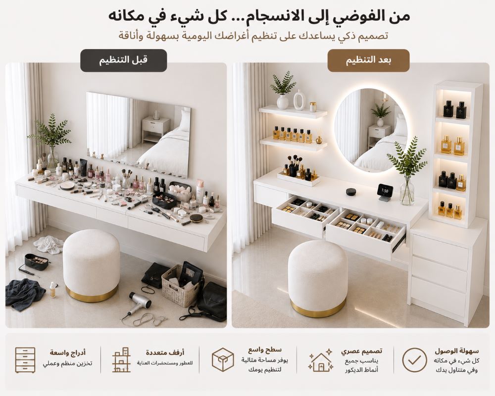 قبل وبعد تركيب تسريحة غرفة نوم مودرن توضح الفرق في تنظيم مستحضرات المكياج والإكسسوارات