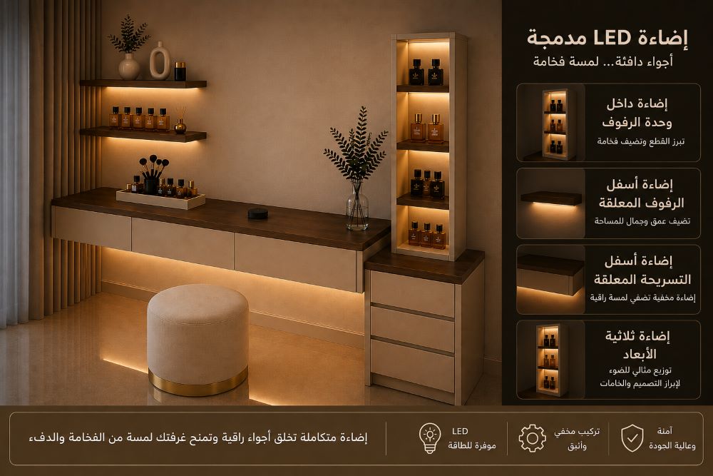 تسريحة غرفة نوم مودرن بإضاءة LED مدمجة ووحدة أدراج لون بيج وجوزي