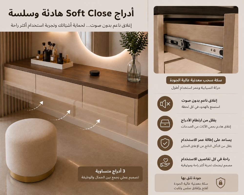 تفاصيل نظام السحب الهادئ Soft Close في أدراج تسريحة غرفة نوم مودرن