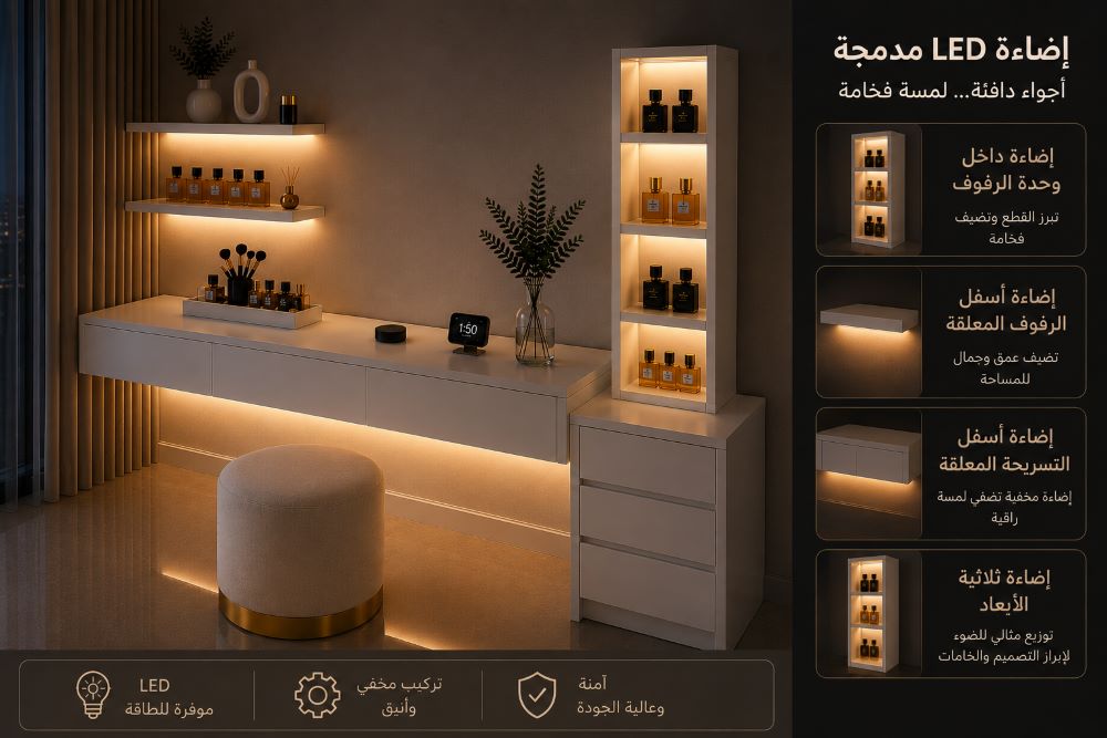 إضاءة LED مدمجة داخل تسريحة غرفة نوم مودرن لون أبيض مع وحدة رفوف